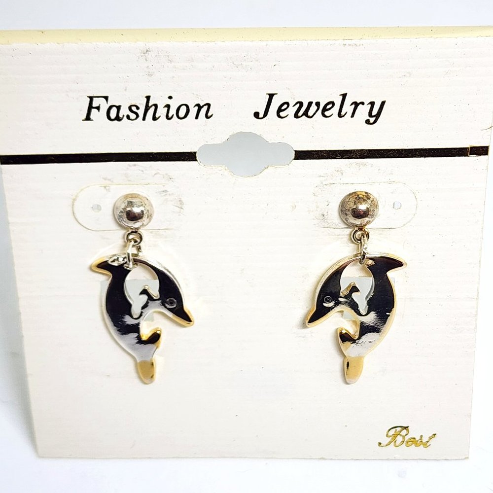 Vintage "BEST" DOLPHIN Two Tone Metal Dangle Pierced Earrings NOC NOS